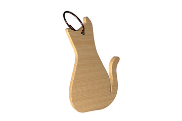 Wooden cat-shaped keychain isolated on transparent background