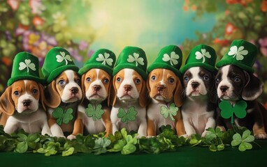 Naklejka premium A group of adorable Beagle puppies dressed in festive St. Patrick's Day costumes, featuring green hats and shamrock-themed outfits, all set against a cheerful, 