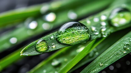 A detailed photograph capturing water droplets delicately balancing on a grass blade, sparkling in the morning light, representing purity and the start of anew.