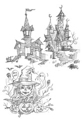 Castles and ghosts for Halloween pencil drawing for card decoration illustration