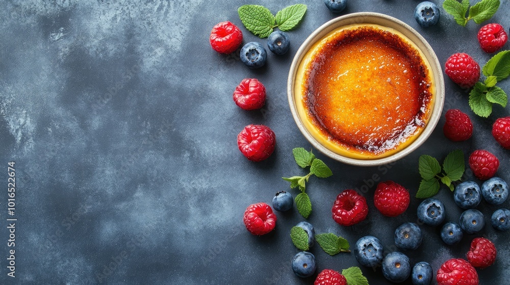 Poster top-down view of smooth cr with a golden crust and fresh berries, elegantly arranged in a bowl on a 