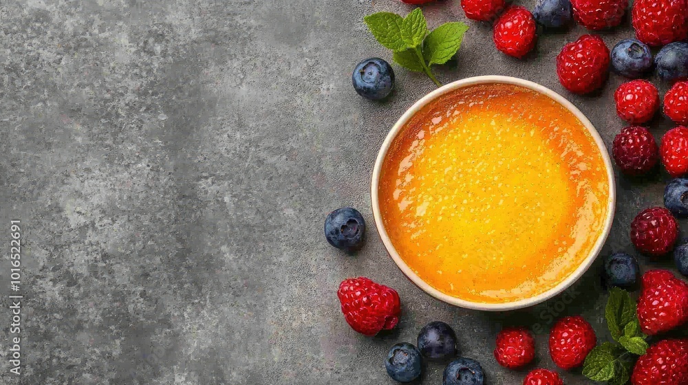 Aufkleber top-down view of smooth cr with a golden crust and fresh berries, elegantly arranged in a bowl on a 