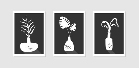 Set print art wall decor flowers and vase, black and white