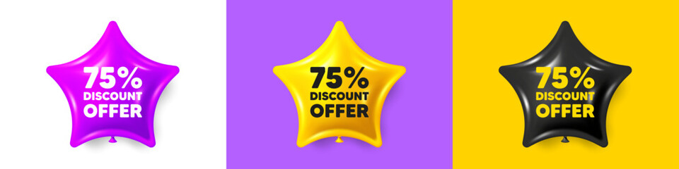 75 percent discount tag. Birthday star balloons 3d icons. Sale offer price sign. Special offer symbol. Discount text message. Party balloon banners with text. Birthday or sale ballon. Vector
