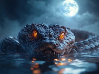 Glowing Scales, Sharp Fangs A Snake Predator Under the Moonlight, Ready to Strike A Nocturnal Reptile with Fiery Eyes, A Symbol of Power and Danger in the Wilderness