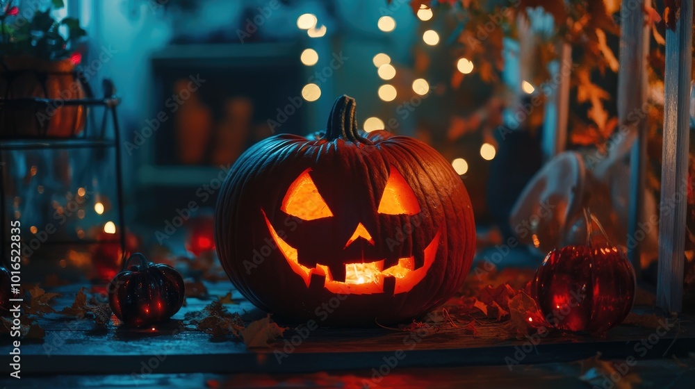 Sticker Halloween themed celebration with carved pumpkin showing a scary face black cat and festive decorations