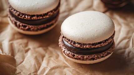 White and dark macarons on brown paper, with close-up detail of the chocolate ganache filling. Hard lighting adds sharp contrasts and texture. Minimalist and modern concept