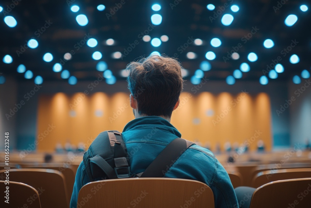 Poster A person sitting in front of a stage with a backpack, possibly preparing for a performance or waiting for the show to start.
