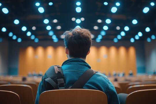 A person sitting in front of a stage with a backpack, possibly preparing for a performance or waiting for the show to start. - Powered by Adobe