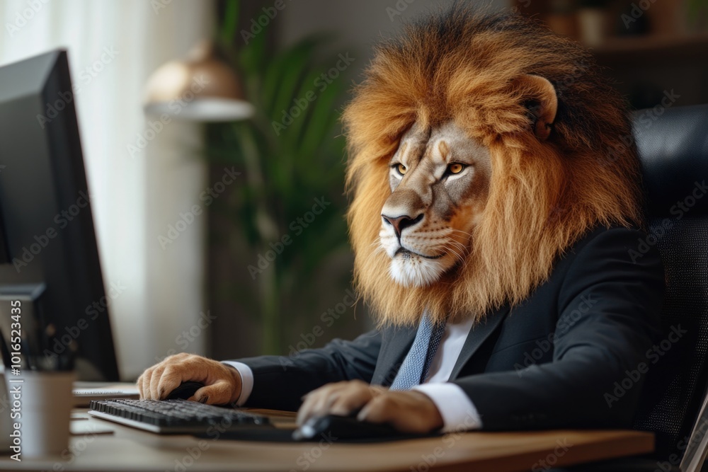Poster a lion sits at a desk with a computer, wearing a suit and looking professional.