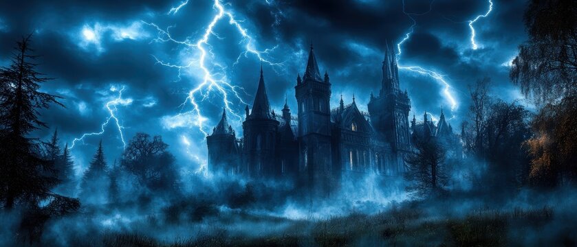 A dramatic landscape featuring a stormy sky, lightning, and an eerie castle surrounded by fog. - Powered by Adobe