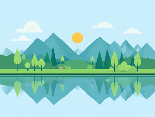 
A flat vector illustration of green mountains, trees, and a lake with the sun in the sky. Simple shapes and a flat design style.