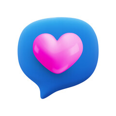 Vector cartoon minimal 3d blue speech bubble with glossy pink heart icon. Realistic render of love chat messaging, like button sign, favorites symbol, comment in social media, like counter concept.