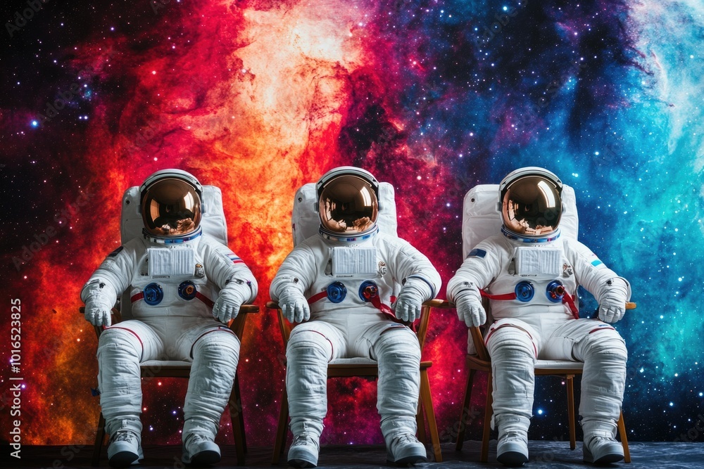 Poster Three astronauts seated in front of a futuristic space backdrop, ready for launch.