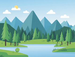 
A flat vector illustration of green mountains, trees, and a lake with the sun in the sky. Simple shapes and a flat design style.