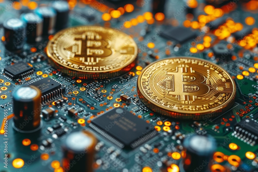 Poster bitcoin golden coins on computer circuit board the future of currency and technology unveiled