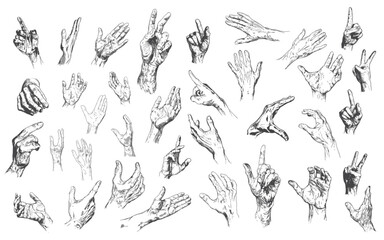 Set of hand finger gesture pose in hatch pencil sketch black and white. isolated on white background.