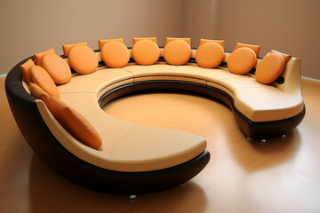 A stunning, modern curved sofa in a soft cream fabric, elegantly upholstered with clean lines and minimalistic design, placed in a bright, airy living room filled with natural light.