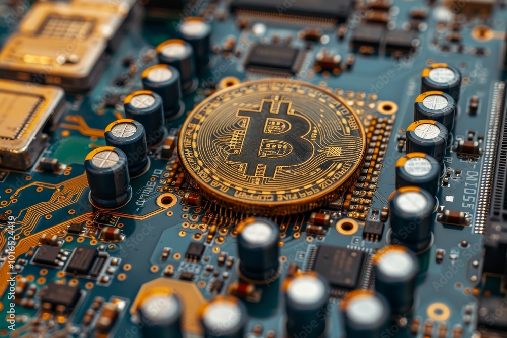 Poster golden bitcoin coins on a computer pcb the future of digital currency and technology integration