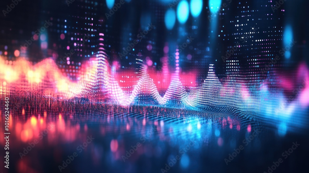 Poster abstract visualization of sound waves with vibrant colors and digital elements.