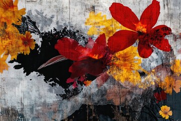 A bouquet of bright red and yellow flowers against a gray backdrop.