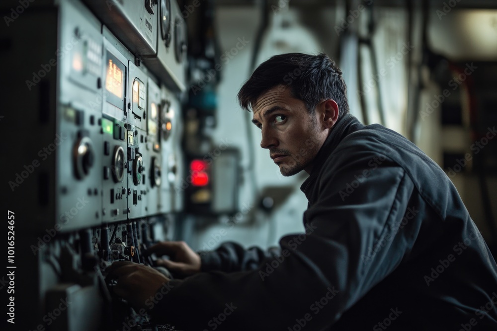 Aufkleber A man operating a control panel with various instruments and buttons.
