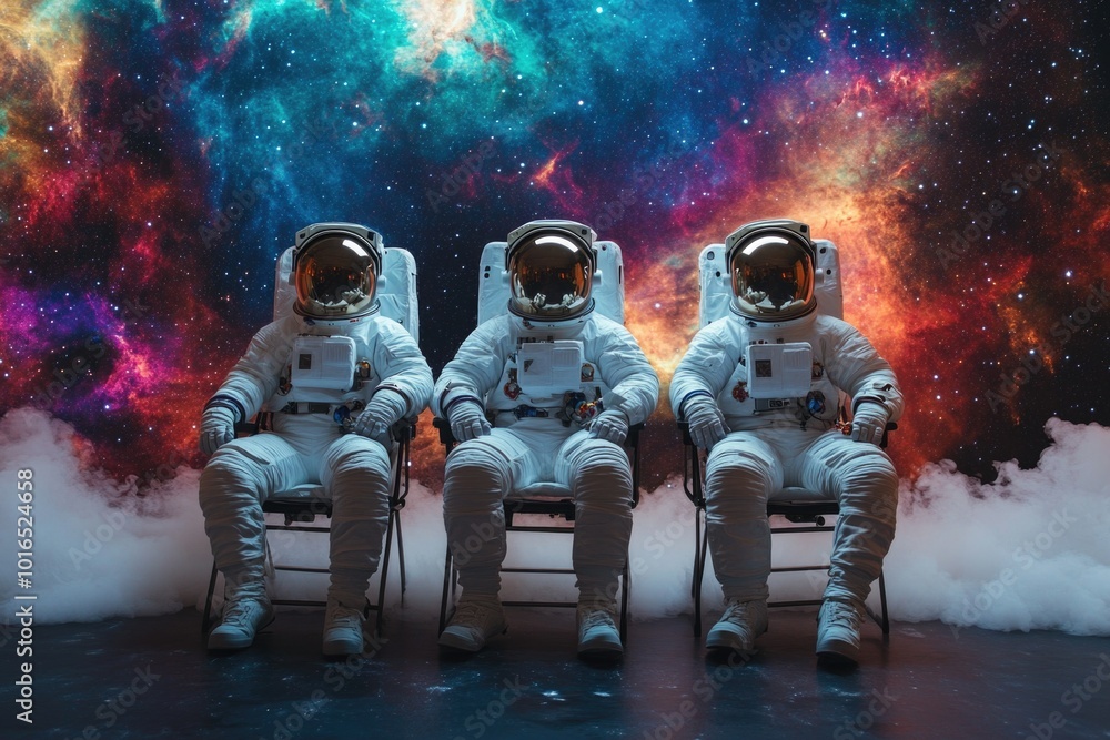 Poster Three astronauts seated in front of a colorful background, ideal for use in space-themed illustrations and designs.