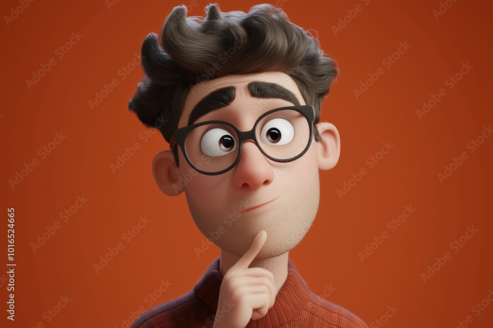Poster man with glasses is looking at the camera with a thoughtful expression. concept of curiosity and int