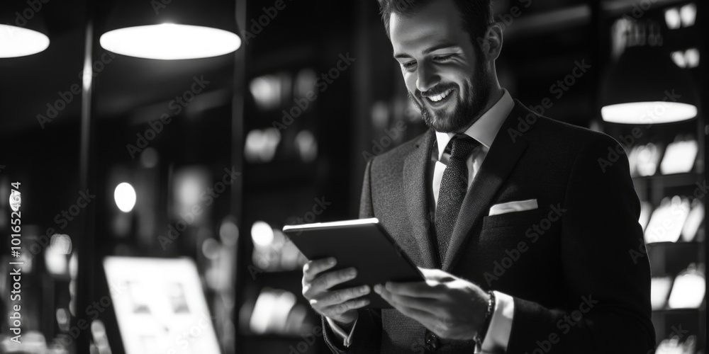 Poster a person holding a tablet computer and wearing a suit.