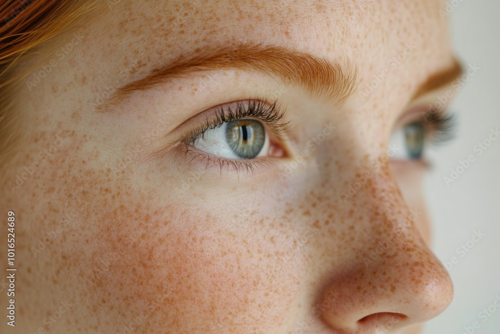 Poster a detailed view of a woman's face featuring distinctive freckles, great for personal or editorial us