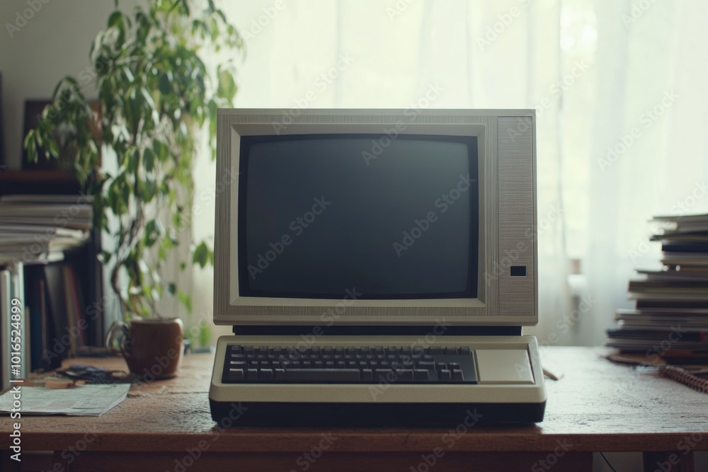 Poster an old computer sits on a wooden desk.