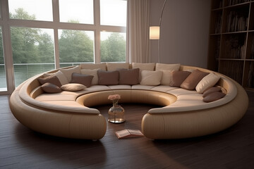 A stunning, modern curved sofa in a soft cream fabric, elegantly upholstered with clean lines and minimalistic design, placed in a bright, airy living room filled with natural light.