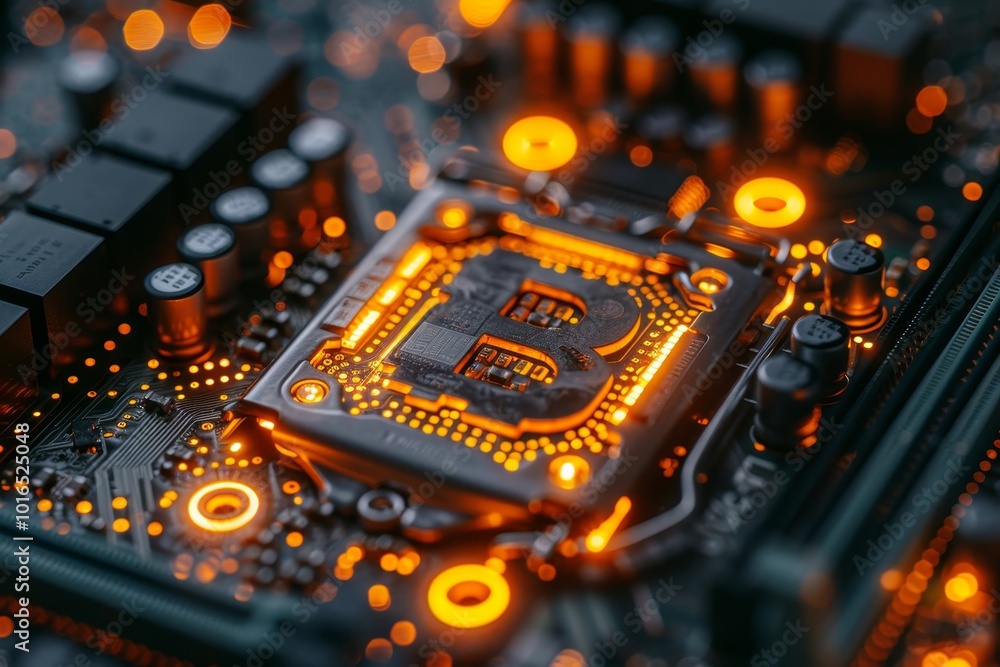 Aufkleber bitcoin virtual currency coins on a computer circuit board representing the future of digital money