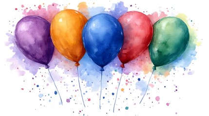Watercolor of vibrant colorful balloons floating in the air, creating a joyful New Year card background