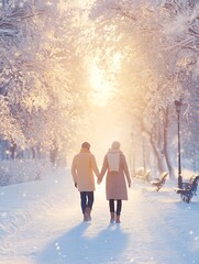 Couple Walking Hand in Hand Through a Snow-Covered Winter Wonderland Park