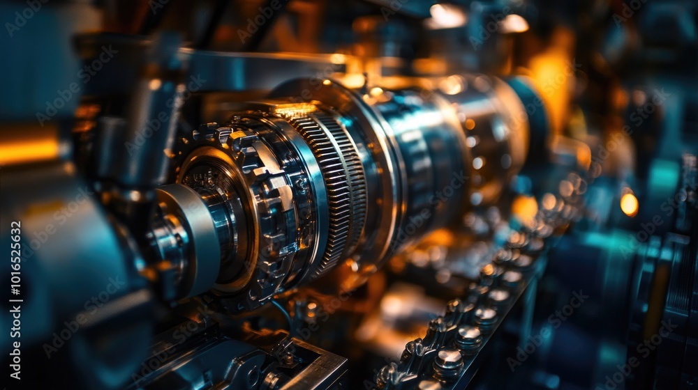 Poster a detailed view of mechanical gears in a machine.