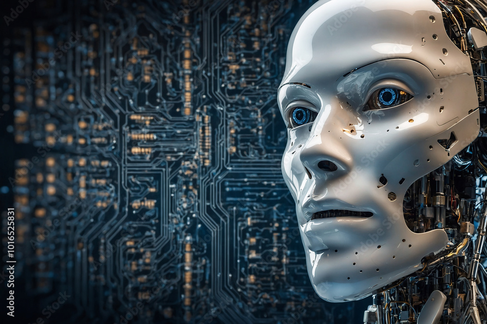 Aufkleber artificial intelligence robot face with data circuits on a blue background, showcasing advanced tech