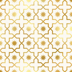 Oriental style golden seamless pattern. Vector gold foil ornament on white background. Islamic traditional texture for backgrounds, wallpapers, textile patterns, decoration