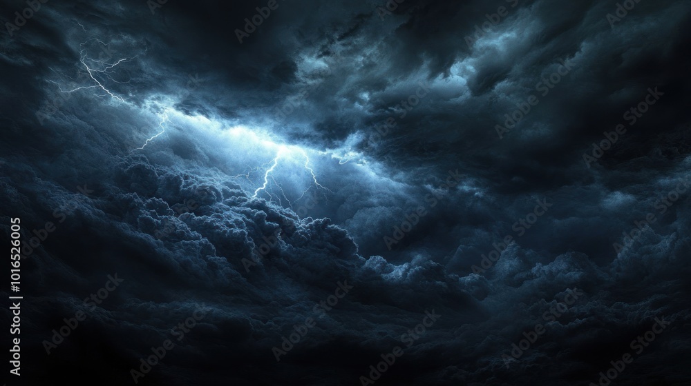 Poster dark storm clouds illuminated by lightning, creating a dramatic and intense atmosphere.