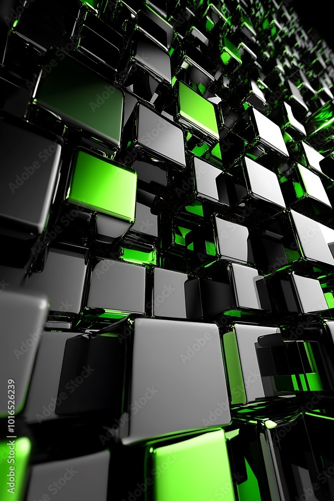 Poster green and black abstract geometric design with bold diagonal shapes creating depth and movement