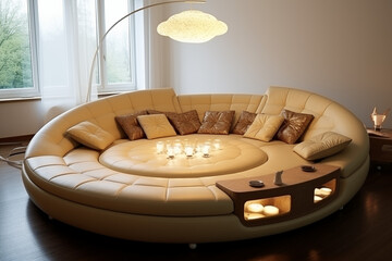 A stunning, modern curved sofa in a soft cream fabric, elegantly upholstered with clean lines and minimalistic design, placed in a bright, airy living room filled with natural light.