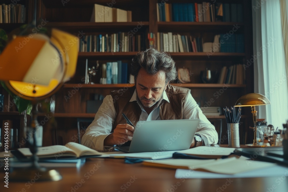 Poster a person sits at a desk with a laptop open, likely working or studying.
