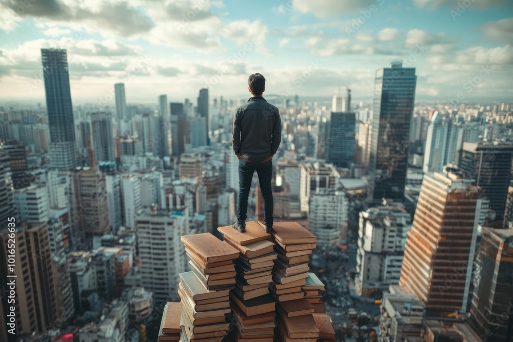 Poster a person standing on top of a stack of books, possibly highlighting or searching for information.