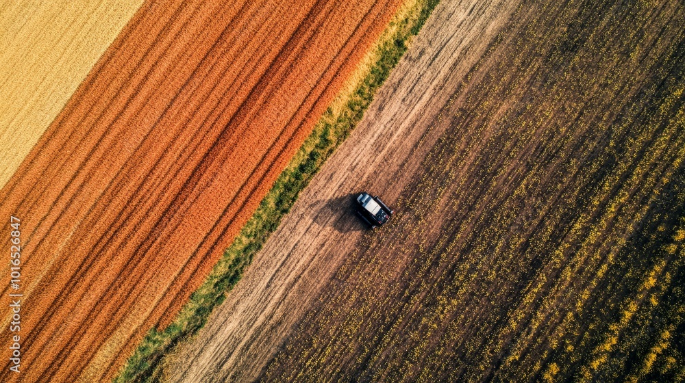 Poster farmer using a drone to inspect remote sections of a farm for yield problems, capturing aerial views