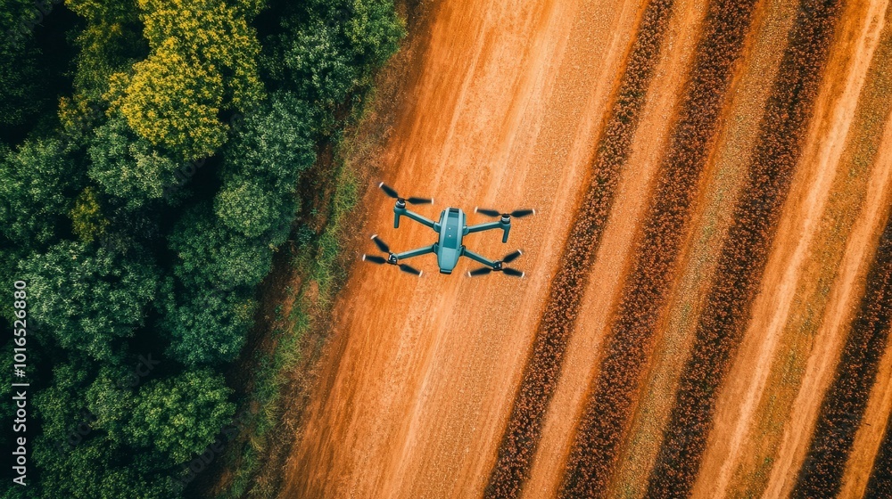 Poster farmer using a drone to inspect remote sections of a farm for yield problems, capturing aerial views