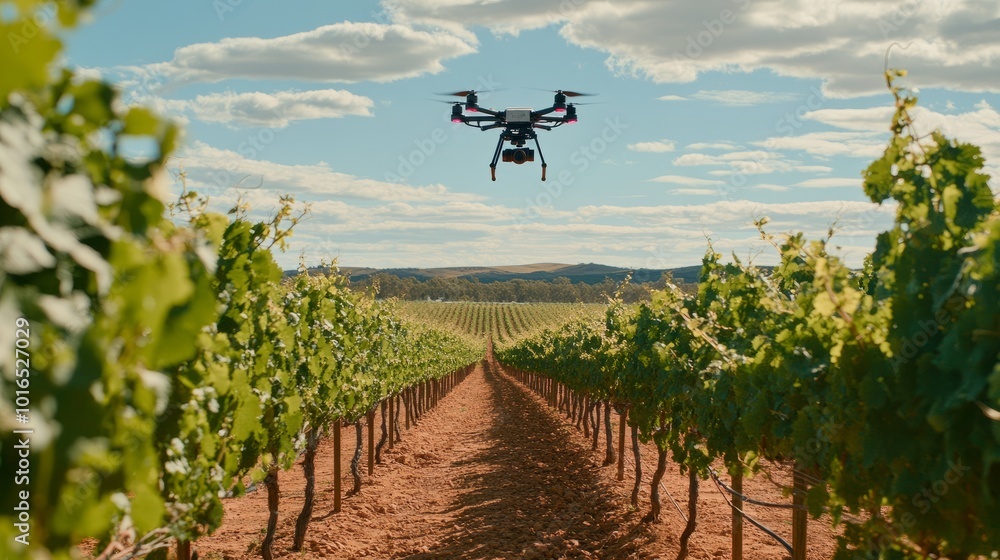Poster a drone hovering above a vineyard, capturing detailed images to assist in grape yield monitoring.