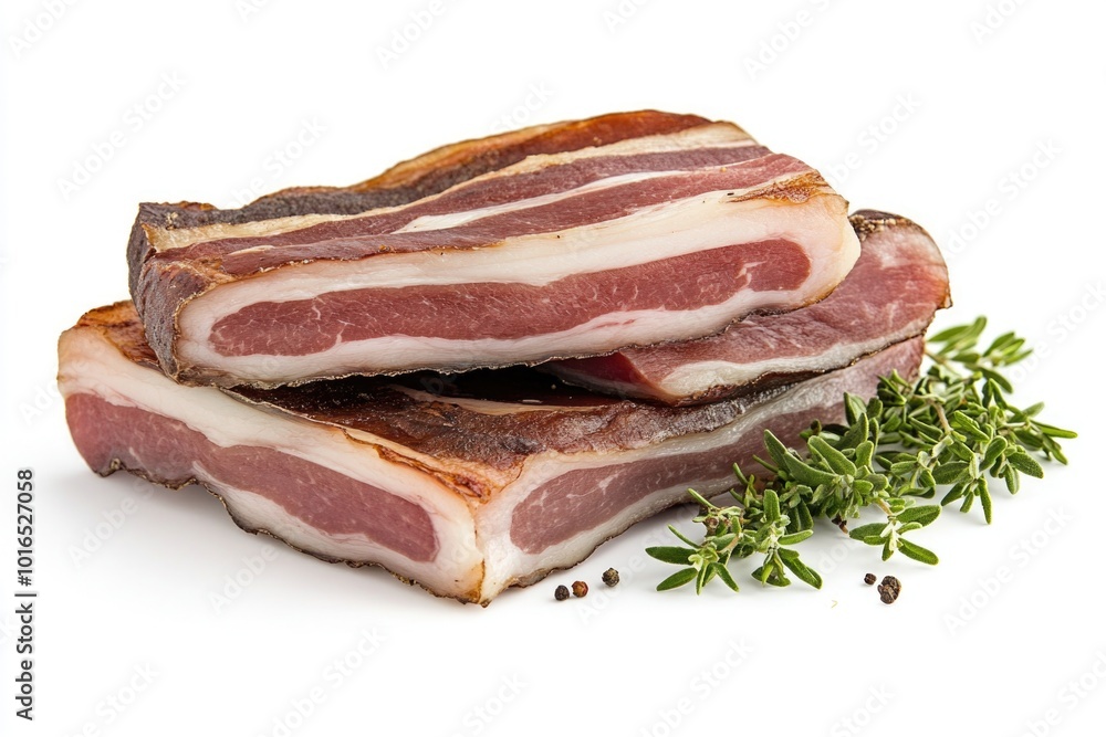 Aufkleber a close-up shot of crispy bacon slices with a sprig of fresh thyme.