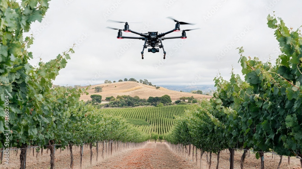 Poster a drone hovering above a vineyard, capturing detailed images to assist in grape yield monitoring.