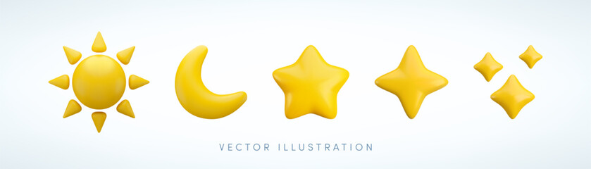 Vector cartoon 3d celestial icons set. Minimal 3d Render of sun, moon and stars, astronomical elements. 3d kids toys, nursery space decor collection. © Ketmut