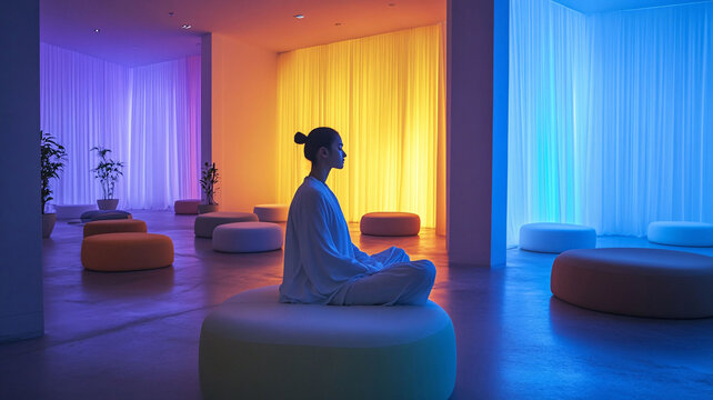 Woman practicing mindfulness in a color therapy room